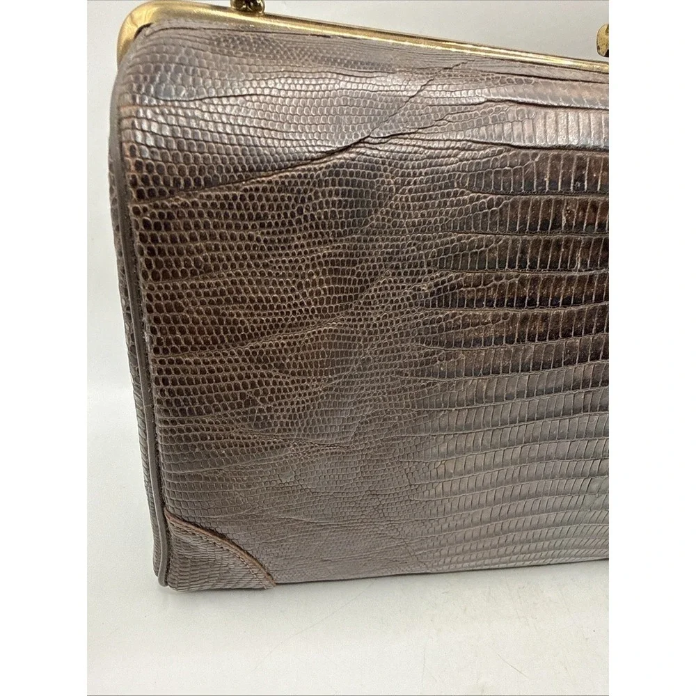 Vintage 1950's Alligator Lizard Brown Hand Bag Purse Gold Accents